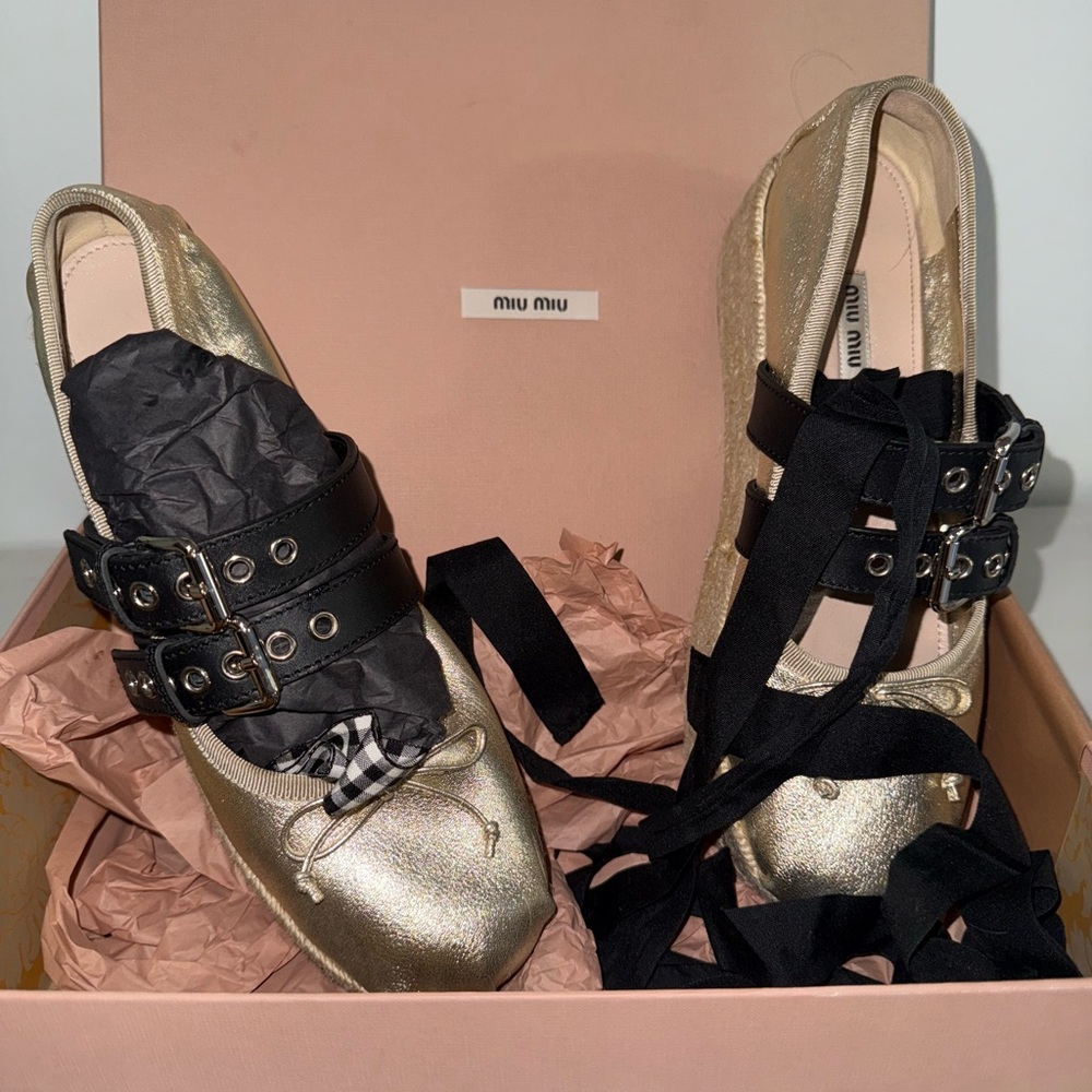 MIU MIU gold espadrille ballet flat buckle ankle strap BRAND NEW 41